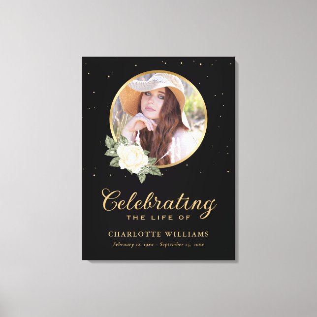 Black Yellow Gold Floral Begrüßungszeichen Leinwanddruck (Vorderseite)