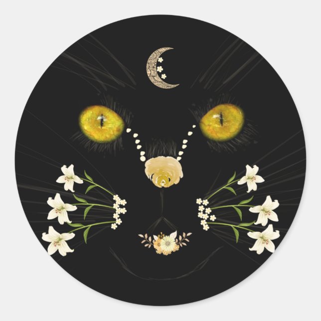 Black Yellow Gold Flower Cat Face Moon Sticker (Vorderseite)