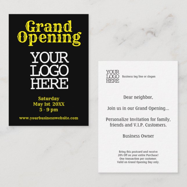 Black Yellow Grand Opening Discount Card Visitenkarte (Vorne/Hinten)