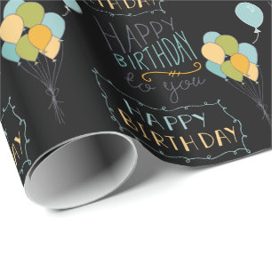 Black Yellow Green Blue Happy Birthday Balloons Geschenkpapier