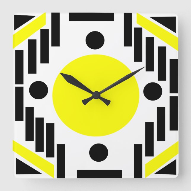 Black Yellow Mid Century Modern Geometric Mandala Quadratische Wanduhr (Vorderseite)