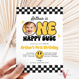 Black Yellow ONE HAPPY TYP Foto Groovy Geburtstag Einladung
