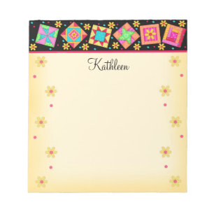 Black Yellow Patchwork Quilt Block Art with Name Notizblock