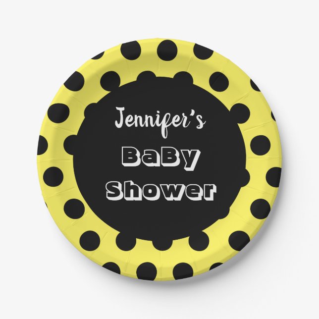 Black & Yellow Polka Dot Custom Baby Dusche Pappteller (Vorderseite)