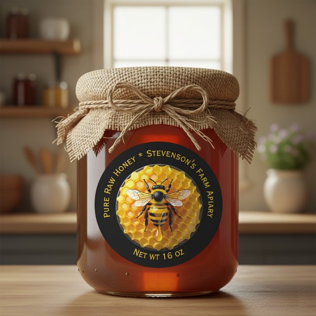 Black & Yellow Realistic Honey Bee Honeycomb Jar Runder Aufkleber (Von Creator hochgeladen)