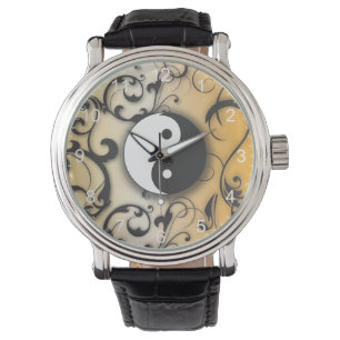 Black Yin & Yang auf Bronze-Hintergrund Armbanduhr