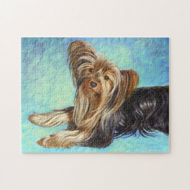 Black Yorkie Hund, Acrylmalerei Puzzle (Horizontal)