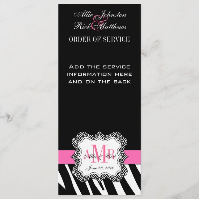 Black Zebra Print Monogram Wedding Program Programm (Vorderseite)