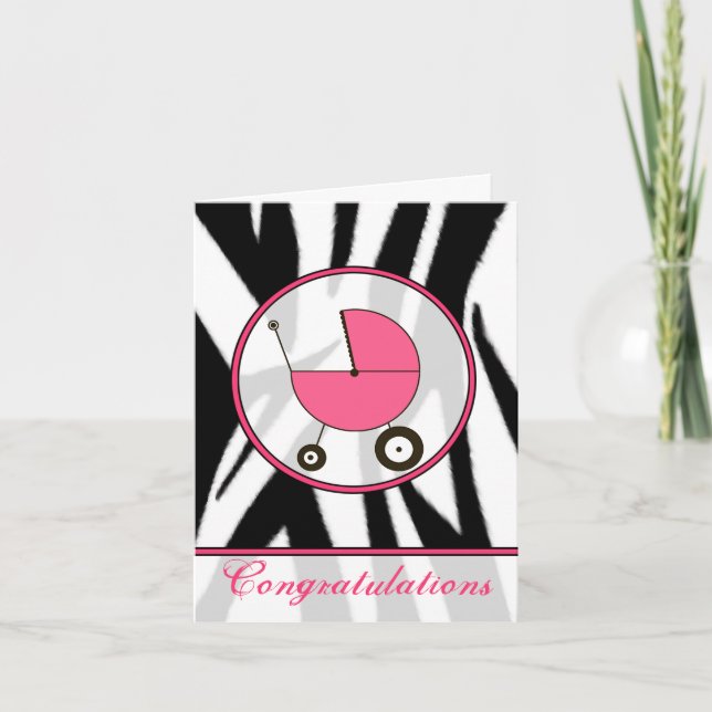 Black Zebra Print / Pink Baby Herzlichen Glückwuns Karte (Vorderseite)