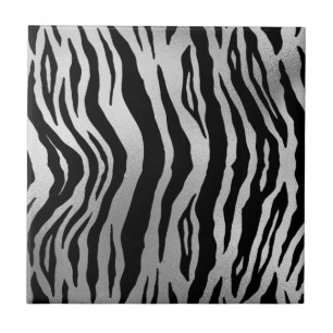 Black Zebra Stripes Animal Print Silver Luxus Fliese