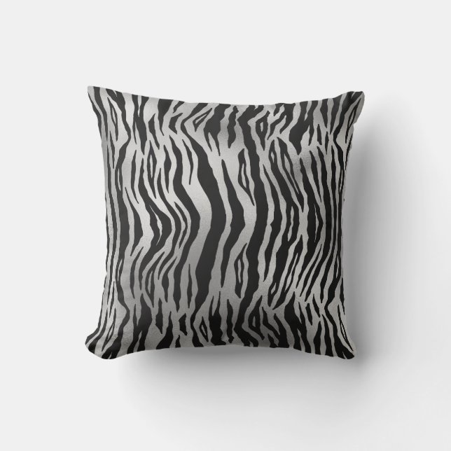Black Zebra Stripes Animal Print Silver Luxus Kissen (Vorderseite)