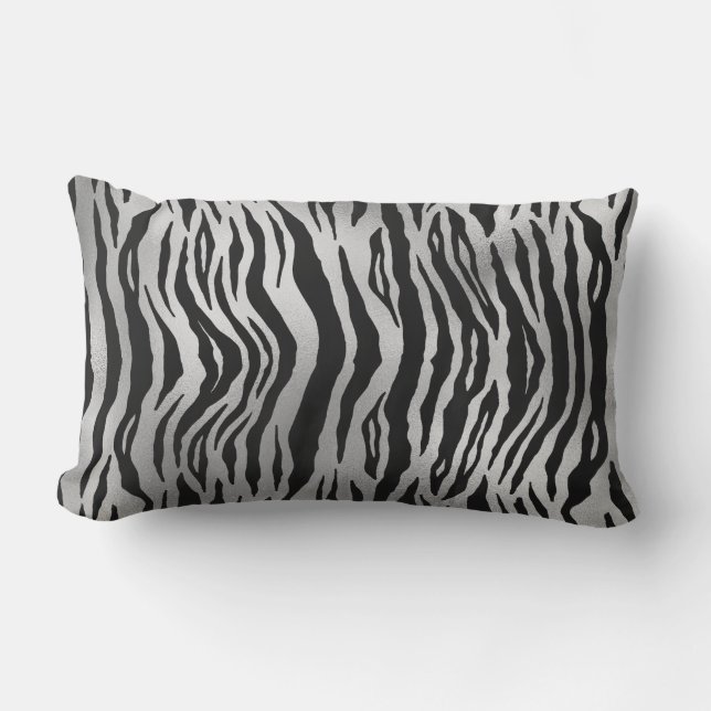 Black Zebra Stripes Animal Print Silver Luxus Kissen Für Draußen (Vorderseite)