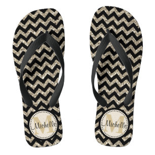 Black Zickzack Silver Gold Personalisiert Flip Flops