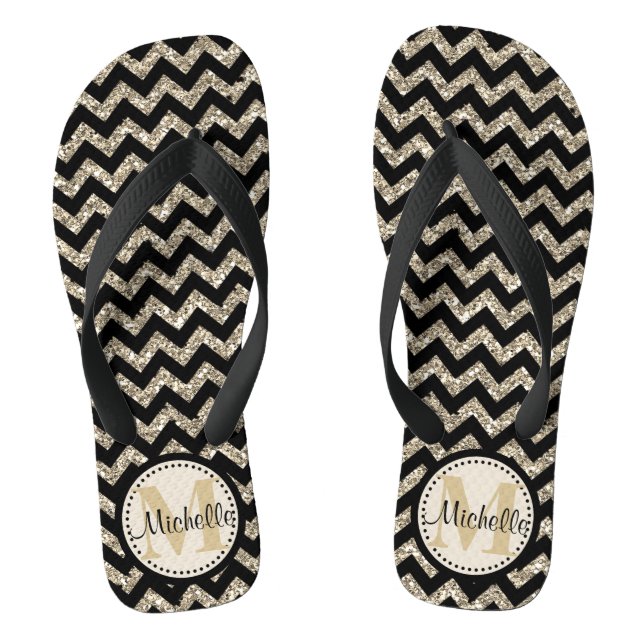Black Zickzack Silver Gold Personalisiert Flip Flops (Fußbett)