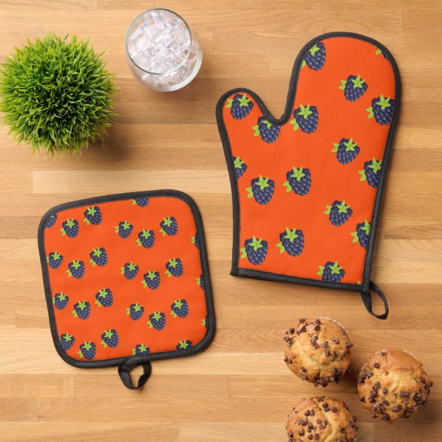 BlackBerry-Frucht auf Orange Ofenhandschuh & Topflappen-Set (Oben Unten)