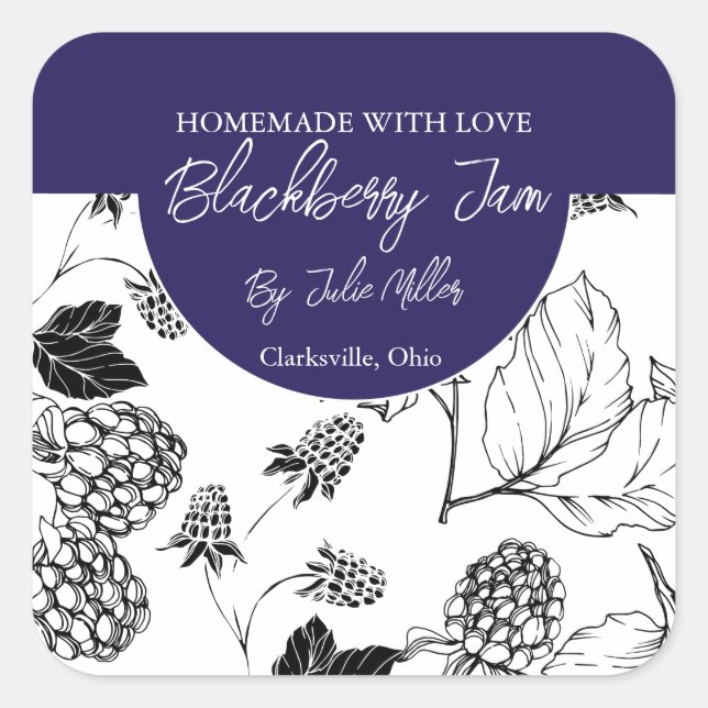 BlackBerry-Jam-Label in Schwarzweiß Quadratischer Aufkleber (Vorderseite)