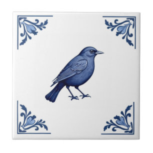 Blackbird Delft Blue und White Floral Corners Bird Fliese