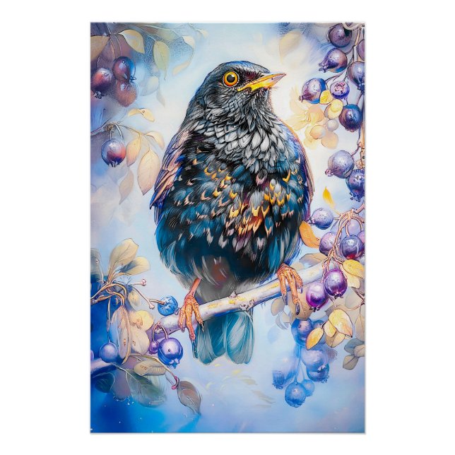 Blackbird in Garden Impressionist Malerei Poster (Vorderseite)