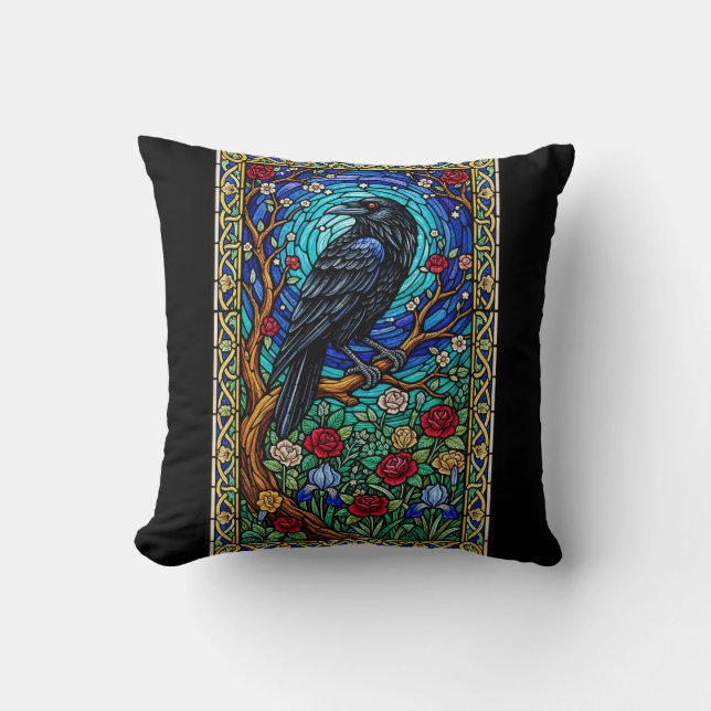 Blackbird Stached Glass Corvid Raven Kissen (Vorderseite)