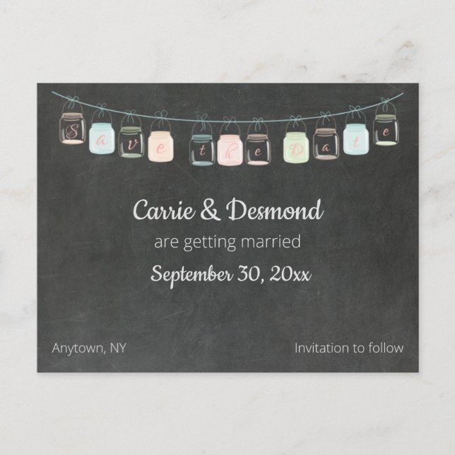 Blackboard Mason Jars Custom Save the Date Hochzei Postkarte (Vorderseite)