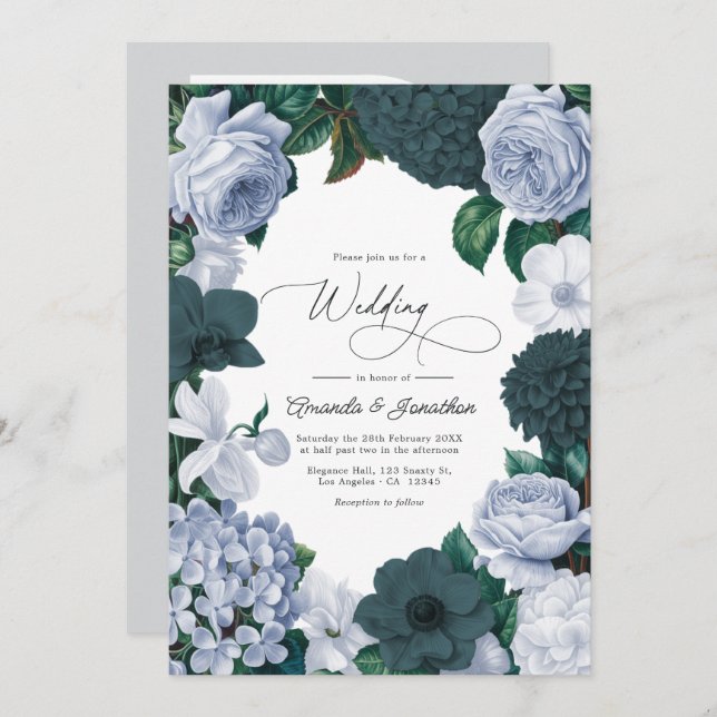 Blackened Teal, Mist Blue & Pearl White Wedding Einladung (Vorne/Hinten)