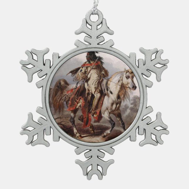 Blackfoot Inder auf dem arabischen Pferd, das Schneeflocken Zinn-Ornament (Vorderseite)