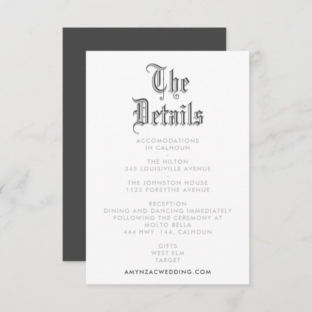 Blackletter Wedding Details Enclosure Card RSVP Karte (Vorne/Hinten)