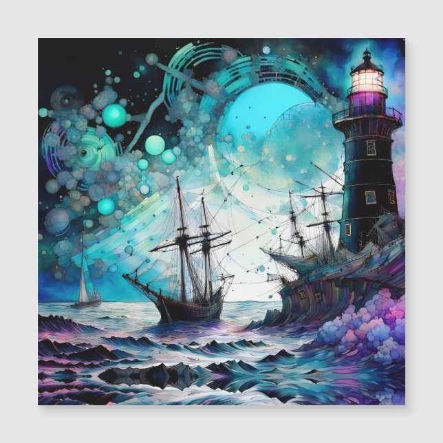 Blacklight-Lighthouse und Segelboot stürmische Mee Magnetkarte (Vorderseite)