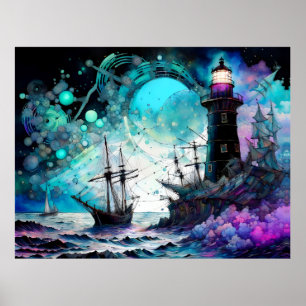 Blacklight-Lighthouse und Segelboot stürmische Mee Poster