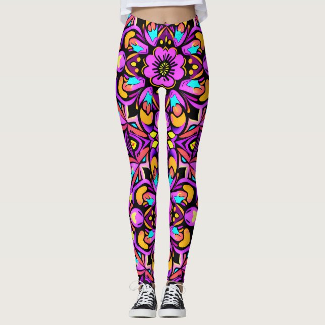 Blacklight Style Neon Wild Blume Leggings (Vorderseite)