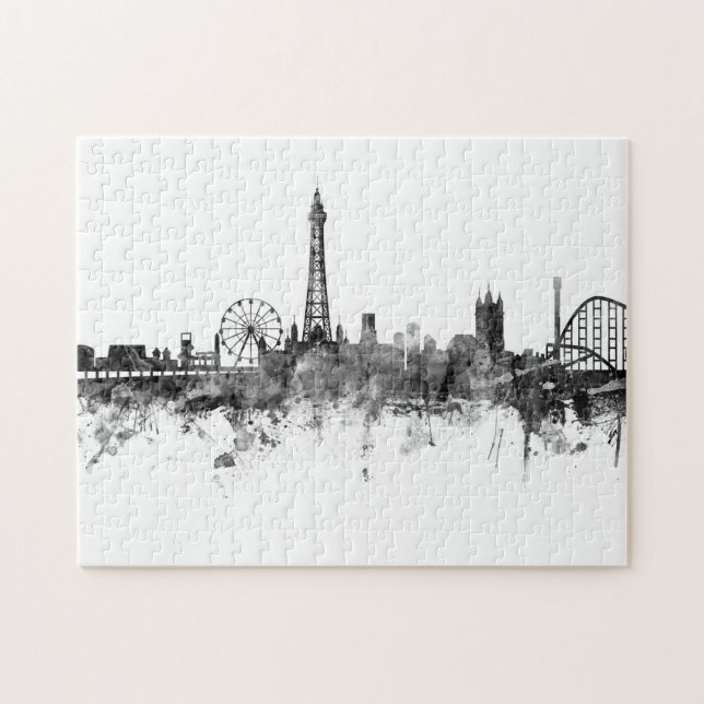 Blackpool England Skyline Schwarz-weiß Puzzle (Horizontal)