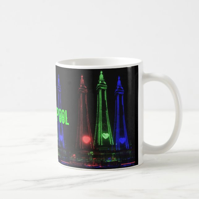 Blackpool Tower Schöne Nachtlichter, rot, grün Kaffeetasse (Rechts)