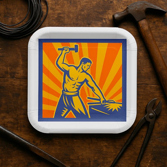 Blacksmith Hammering Retro Strongman Labour Pappteller (Von Creator hochgeladen)