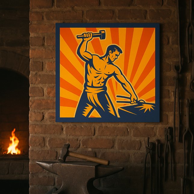 Blacksmith Hammering Retro Strongman Labour Poster (Von Creator hochgeladen)