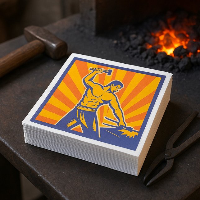 Blacksmith Hammering Retro Strongman Labour Serviette (Von Creator hochgeladen)