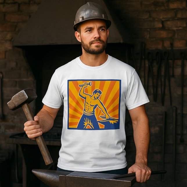 Blacksmith Hammering Retro Strongman Labour T-Shirt (Von Creator hochgeladen)