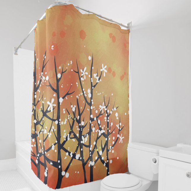 Blackthorn Blossom Frühlingslandschaft Malerei Duschvorhang (Blackthorn Blossom abstract orange peach coral painting art shower curtain)