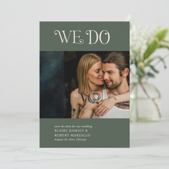 Blaire Moss Green Modern Wedding Save The Date (Stehend Vorderseite)