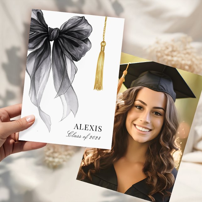 Blak Bow Coquette Photo Graduation Cap Tassel Ankündigung (Von Creator hochgeladen)
