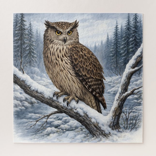 Blakistons Fischuhu in Winterwald –  Puzzle (Vertikal)