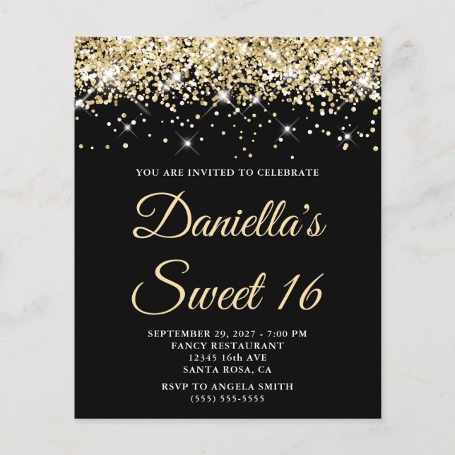 Blale Gold Glitzer Black Sweet 16 Budget Einladung (Vorderseite)