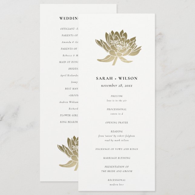 Blale Gold White Lotus Floral Wedding Program Einladung (Vorne/Hinten)