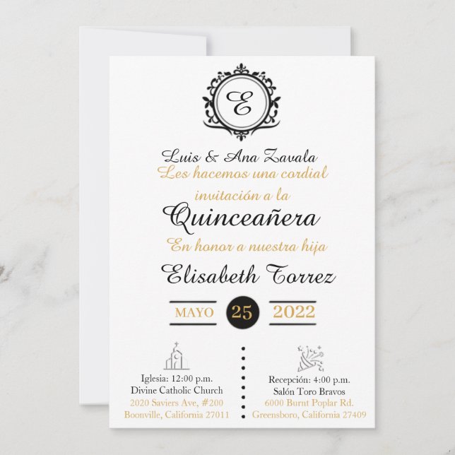 Blan  oro  invitations for quinceañera elegante  (Vorderseite)