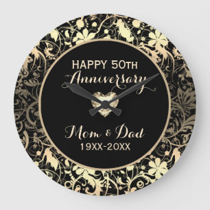Blanched Almond Damask And Heart- Anniversary Große Wanduhr