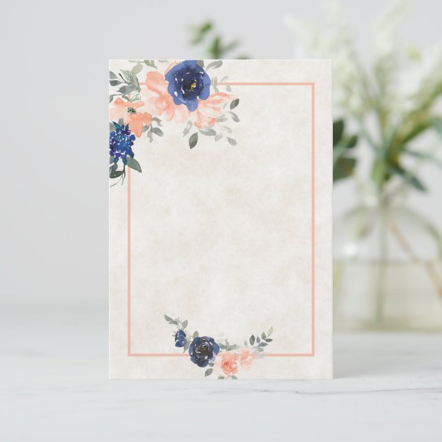 Blank Budget Peach and blue floral weded Invit Einladung (Stehend Vorderseite)