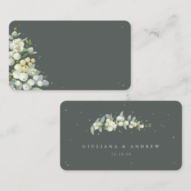 Blank Grey Snowberry+Eucalyptus Wedding Flat Platzkarte (Vorne/Hinten)