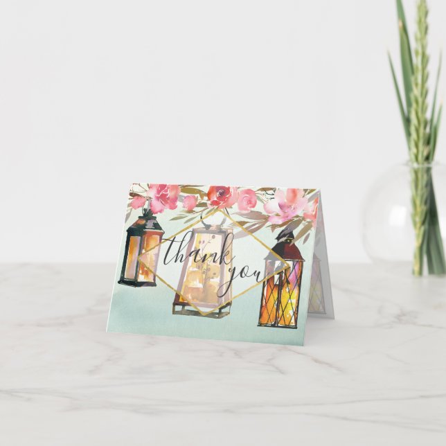 Blank Innen Rustikal Romantische Laternen Rose Gol Dankeskarte (Vorderseite)