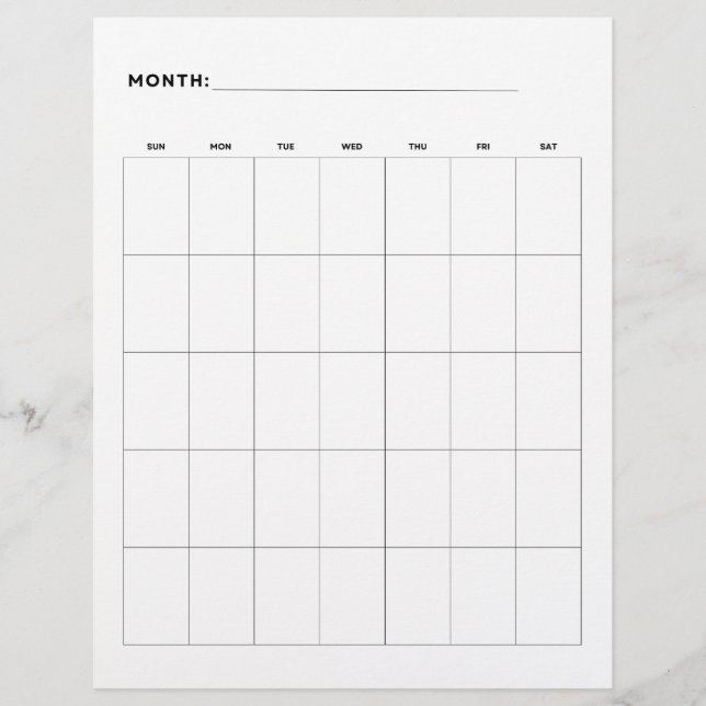 Blank Monatskalender mit 5 Wochen 8.5 x 11 Flyer (Vorne)