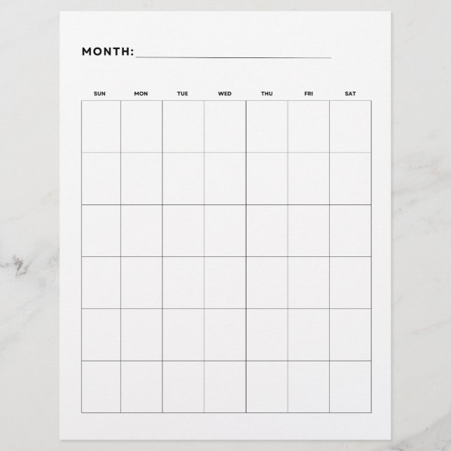 Blank Monatskalender mit 6 Wochen 8,5 x 11 Flyer (Vorne)