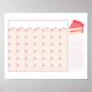 Blank Monthly Calendar Strawberry Cake Thema Poster